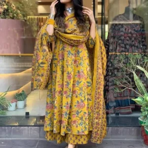 women's rayon viscose anarkali printed kurta with palazzo & dupatta